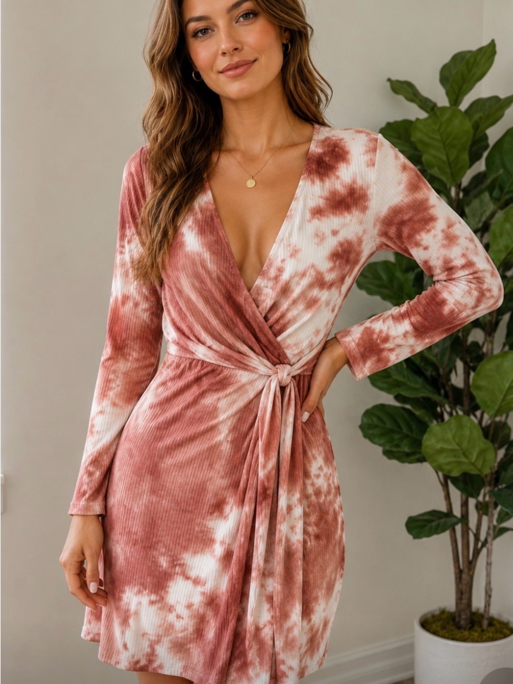 Nordstrom Rose-Tone Tie-Dye Wrap Long Sleeve Dress